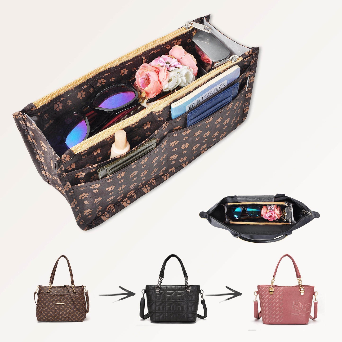 Purse Handbag Tote Pocketbook Bag Organizer Insert with Zipper Handle for Women Patterned